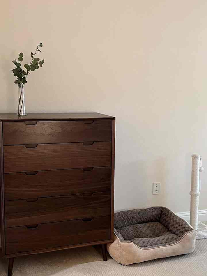 Beige-toned room with natural wood dresser on left and a cat scratching post and beige pet bed on right, creating a cozy setting