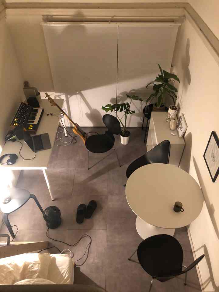 Monotone Nordic-style single household workspace featuring monochrome furniture and plants in a simple room