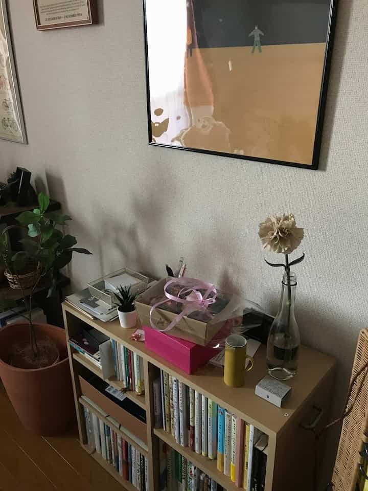 Beige-toned wall and natural wood bookshelf placed in a quiet small room next to the kitchen