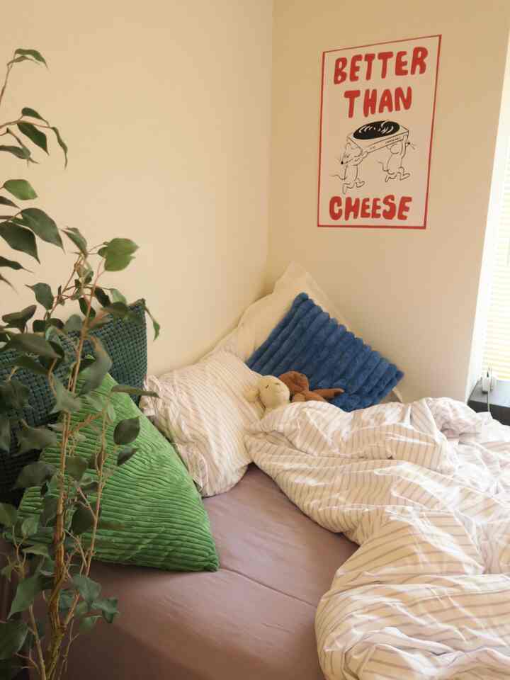 ベージュの壁と柄入りの寝具が配置された6畳のワンルーム寝室、緑の植物とクッションが並ぶ雰囲気のある空間