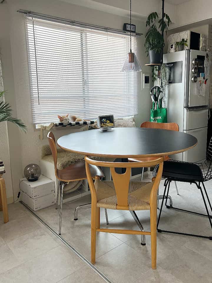 グレーのタイル床とナチュラルカラーの丸テーブルがあるダイニング、窓辺で眠る猫がいる雰囲気のある空間