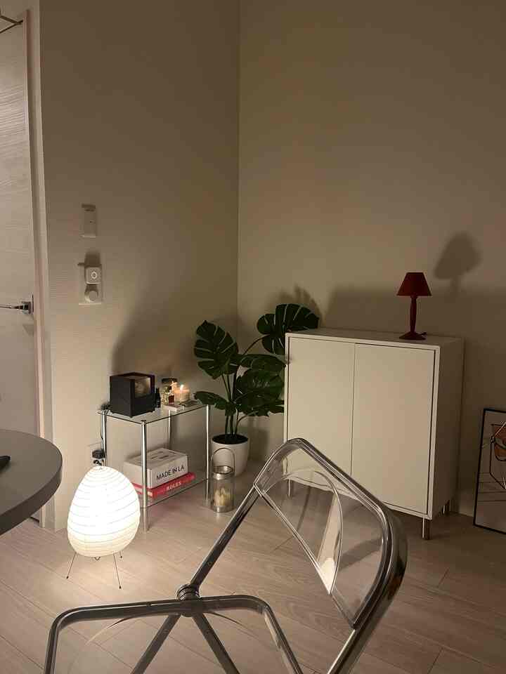 落ち着いた白色調のリビング、透明な椅子とキャビネット、フロアランプや植物が配されたシンプルなインテリア