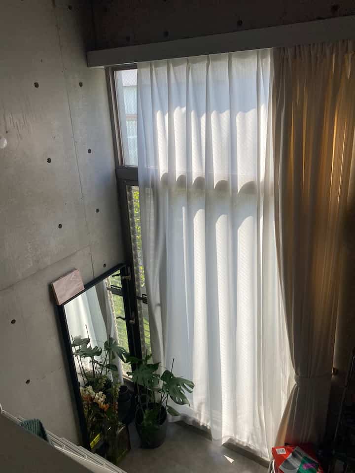 白いカーテンと植物が配置された狭く縦長の部屋、自然光が入るナチュラルモダンなインテリア