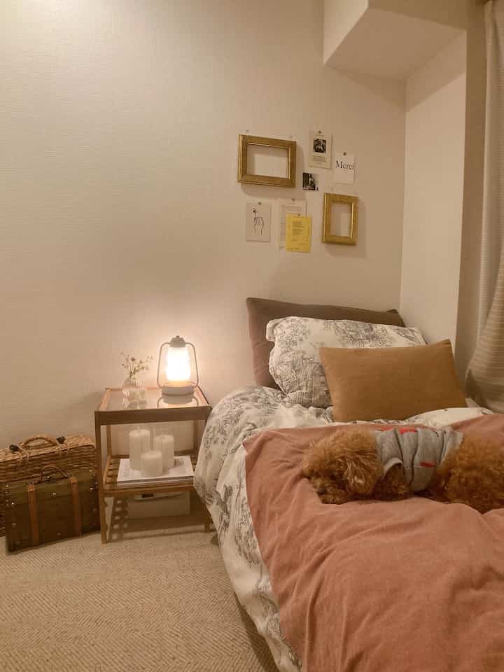 柔らかなピンク色調の寝室、ベッドとナイトテーブル、犬がくつろぐ雰囲気のある空間