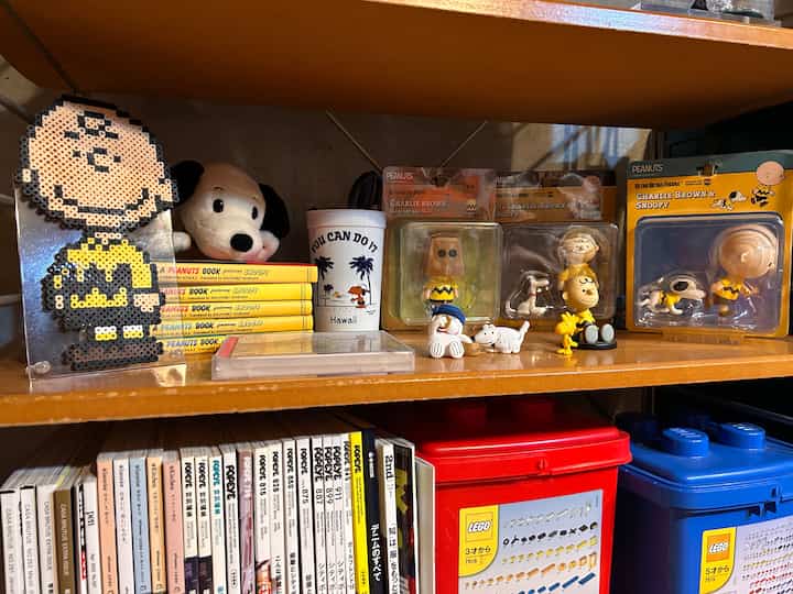 ナチュラルな木目調の本棚にピーナッツのフィギュアと黄色い本が並ぶ趣味のコレクションスペース