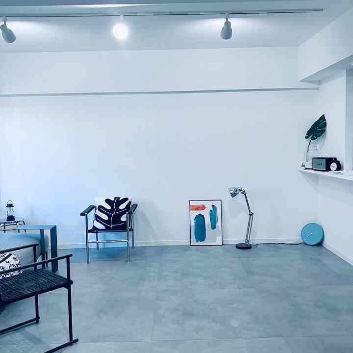 Monotone 1LDK living room with white walls and gray floor, featuring mid-century modern metal frame chair and minimalist layout