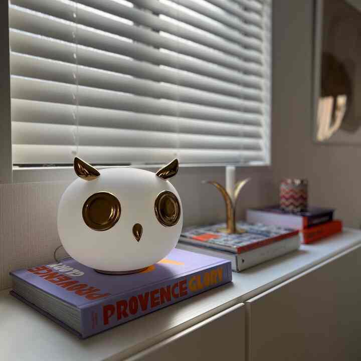 白とゴールドの色調のリビング、フクロウ型の照明とキャンドルホルダーが配置された洗練された印象的な空間