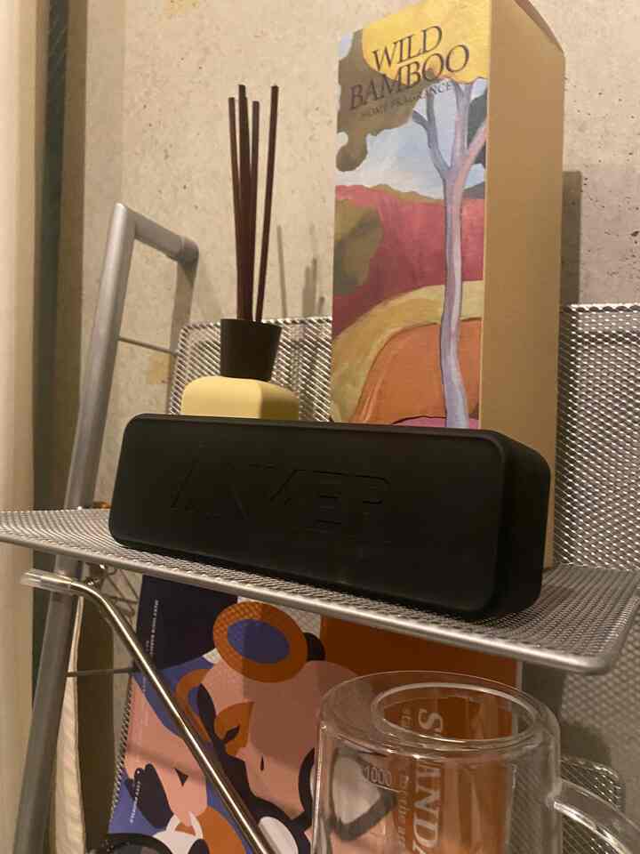 ベージュの壁を背景に、シルバーのメッシュ棚に黒いアンカーのスピーカーと黄色い花瓶、ディフューザーが置かれた雰囲気のある小さな空間