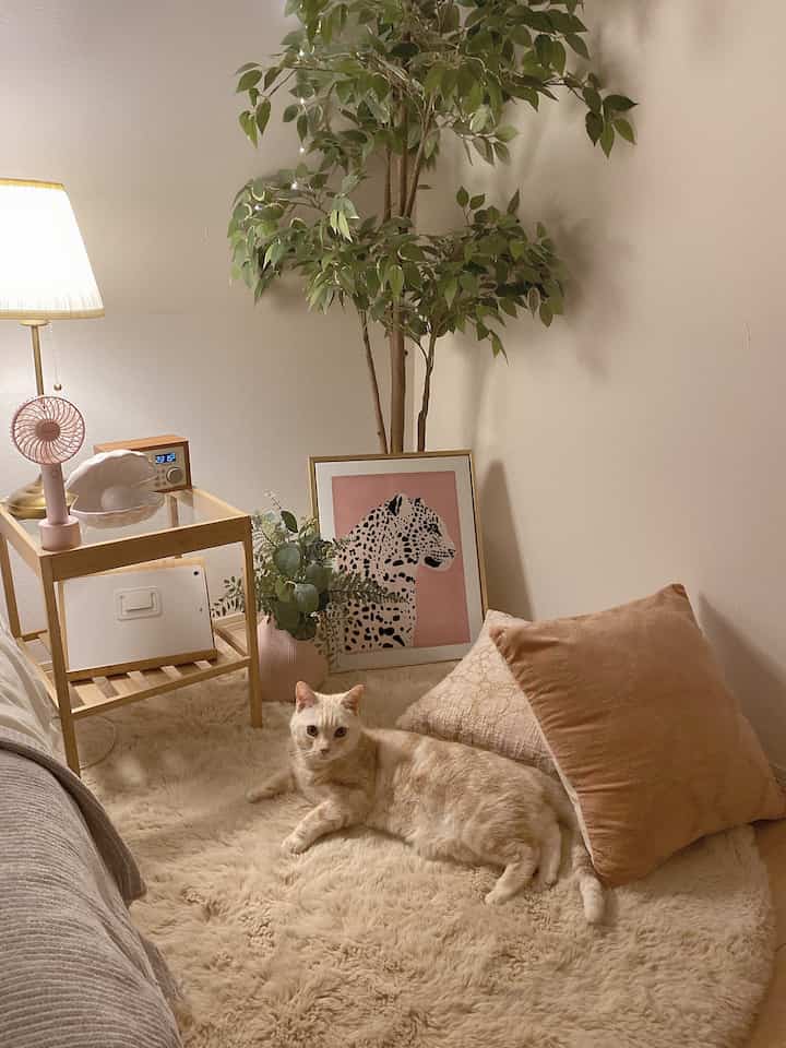 温かみのあるナチュラルカラーの寝室、ラグと猫、ナイトテーブルとアートポスターが配置された雰囲気のあるインテリア