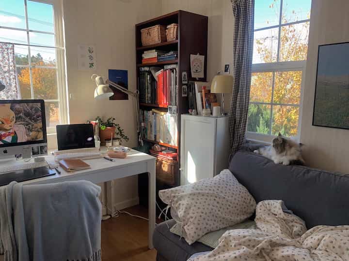 白いデスクとダークグレーのソファ、本棚と窓際の猫がある温かみのあるリビング