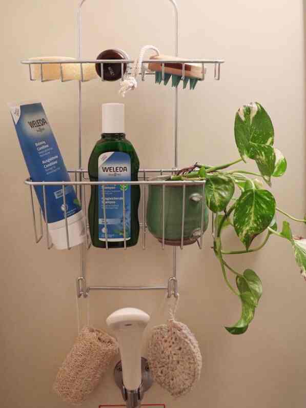 白い壁とシャワーハンドルが見えるバスルーム、緑の観葉植物とメタルラックに置かれたバス用品が配置された印象的な空間
