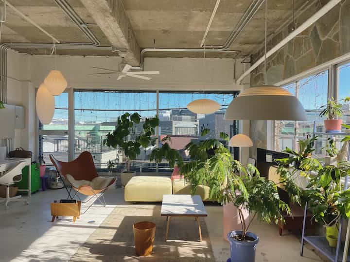 ホワイトとライトブラウンの組み合わせによるインダストリアルスタイルのリビング、大きな窓と豊富な植物が配置された自然を感じる空間