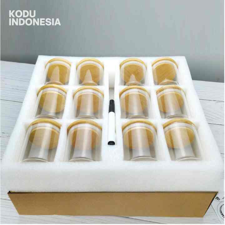 SET isi 12 PCS Toples KACA Bulat Tutup Kayu Kedap Udara