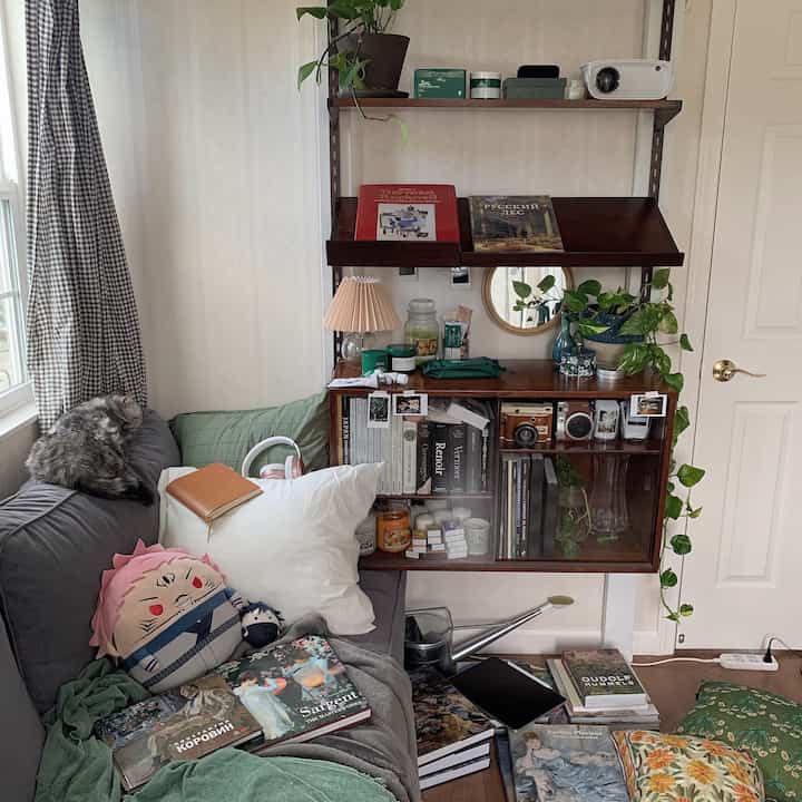 A natural-toned living room featuring a gray sofa with assorted cushions, a bookshelf filled with books and decor, and lush green plants creating a cozy atmosphere