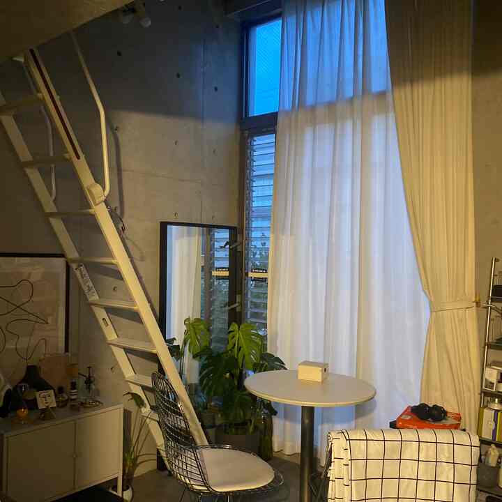 Monotone industrial compact loft living room with large window, white curtains, green plants creating a cozy atmosphere