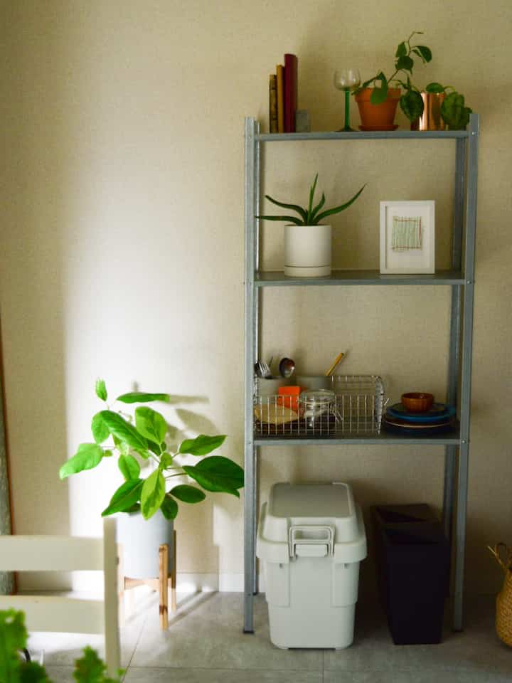 ベージュの壁とメタル棚が配置されたキッチン収納スペース、植物と調理器具が置かれた雰囲気のあるインテリア