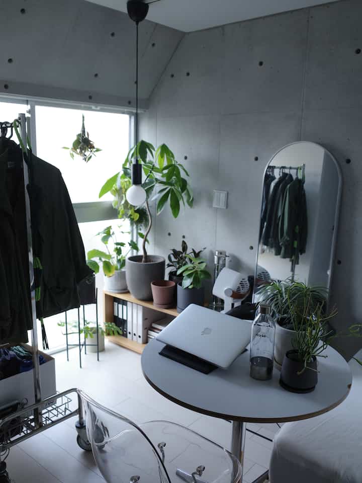 グレーのコンクリート壁と明るい床が調和するモダンなコンパクトな部屋、中央のテーブルにノートパソコンと多様な植物が配置された空間