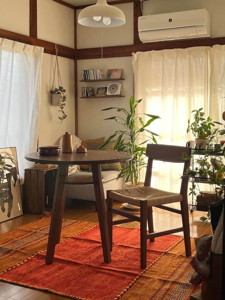 Cozy single household living room with warm wood tones and natural green plants, featuring a round table and chair on a large red-orange rug