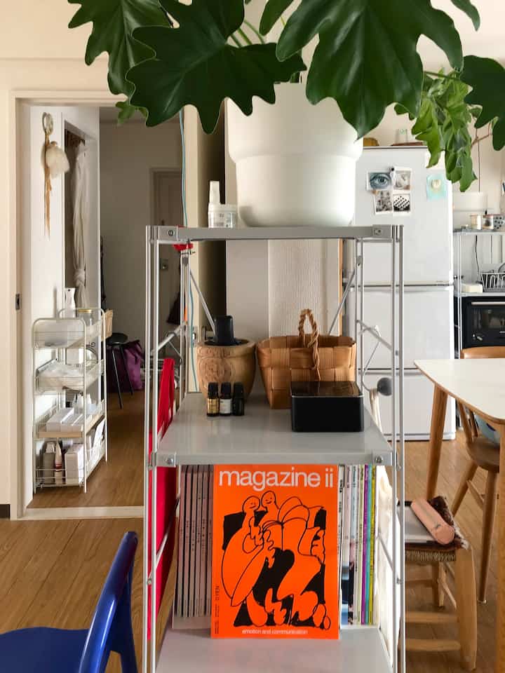 白と木目調が調和した6畳のリビング兼キッチンスペース、中央の本棚と大きな植物が配されたシンプルな雰囲気のインテリア