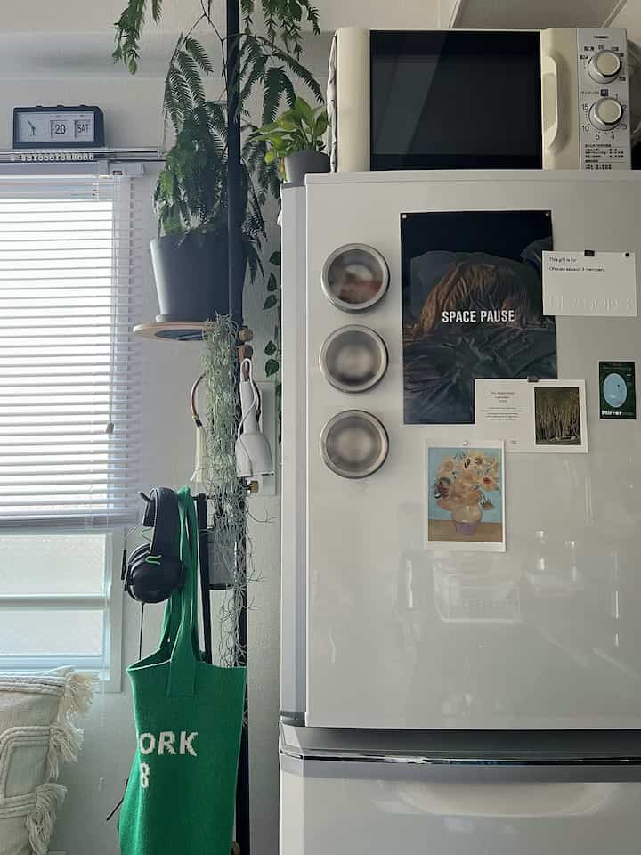 白と緑の色調が調和したキッチン、植物や冷蔵庫、調理器具が配置されて雰囲気のあるインテリア