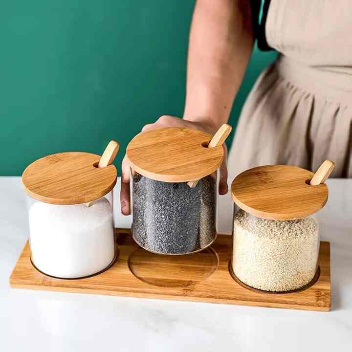 Botol Bumbu Kaca Bambu - 3 Pcs