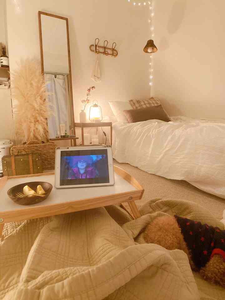 Beige and white toned bedroom featuring bed, cushions, and a tray with cozy ambiance