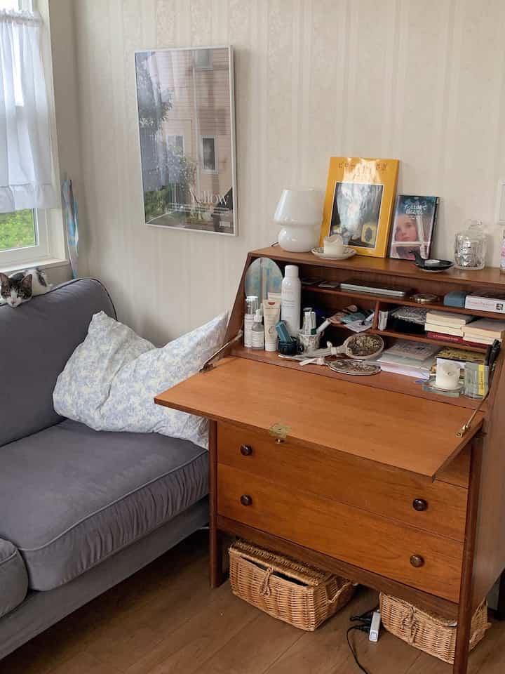 Cozy living room with gray sofa, wooden desk, wall poster, and a cat resting on the sofa near window