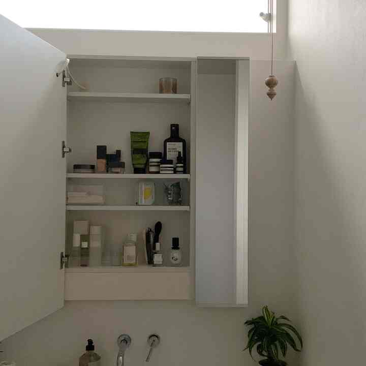 Bright white-toned bathroom space featuring a mirrored vanity with neatly organized cosmetics inside storage cabinets and a green plant, conveying a modern feel