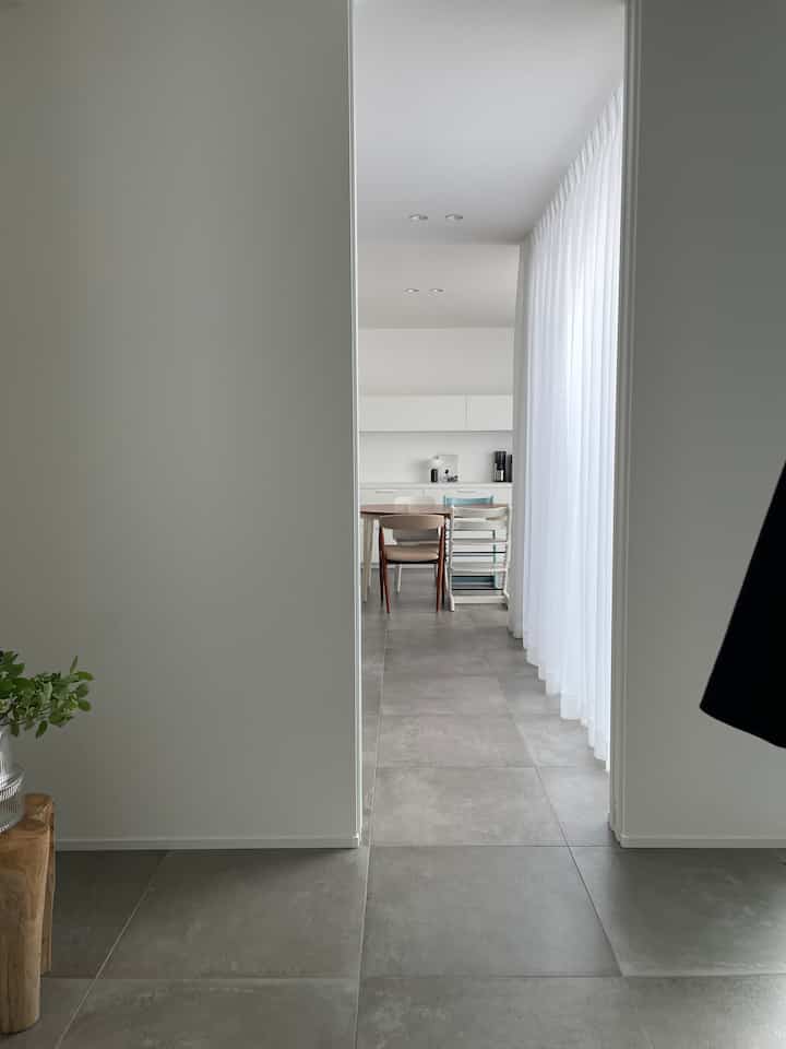 グレーのタイル床と白い壁・カーテンがある玄関から見えるダイニングチェアが配置されたミニマルなリビング空間