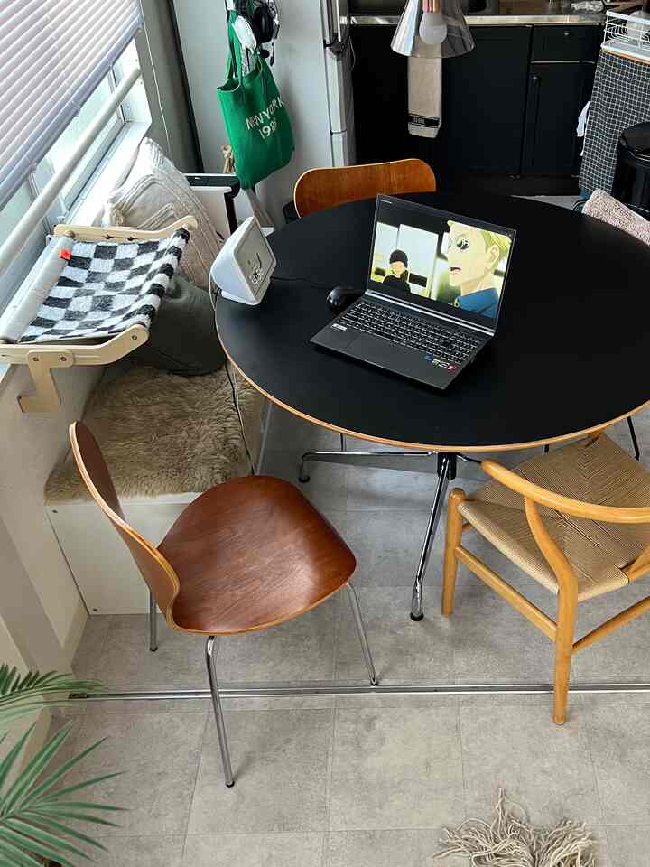 ナチュラルな木目調チェアと黒の丸テーブルが置かれたコンパクトなダイニングルーム、窓際にキャットハンモックが配置された雰囲気のあるインテリア。