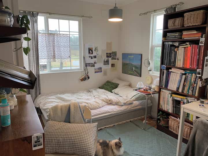Bright natural-toned single bedroom featuring bed, large bookshelf, and a rug creating a cozy atmosphere