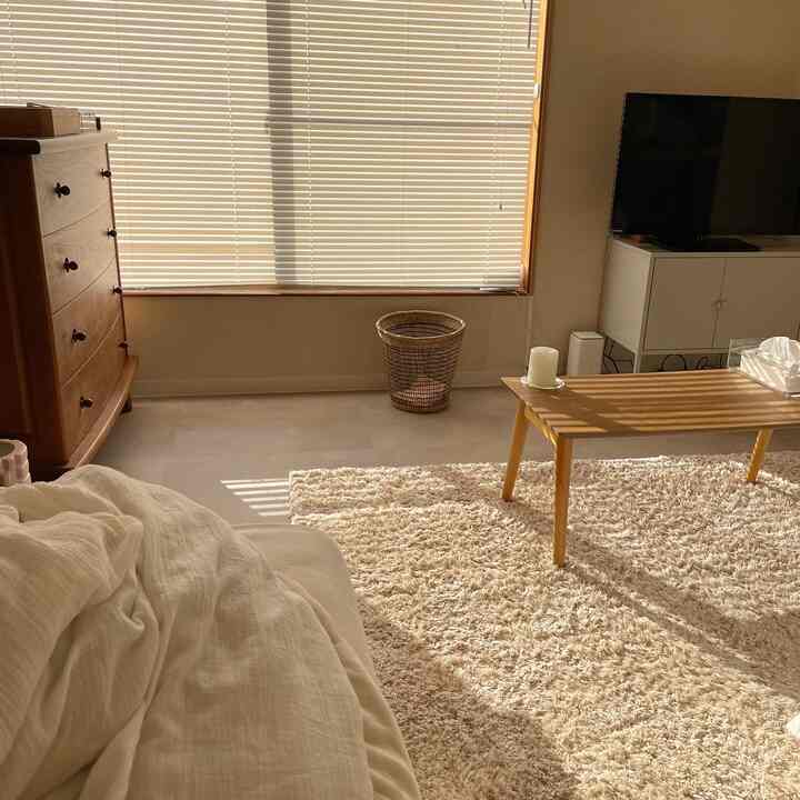 ナチュラルなベージュ色調のリビング、クリーム色のソファと木製のコーヒーテーブル、柔らかなベージュ色のシャギーラグが配置された温かみのある空間