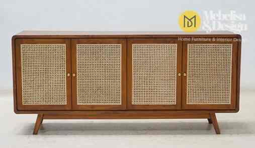 Bufet Crezenza Cabinet 4pintu Anyaman Rotan Kayu Jati