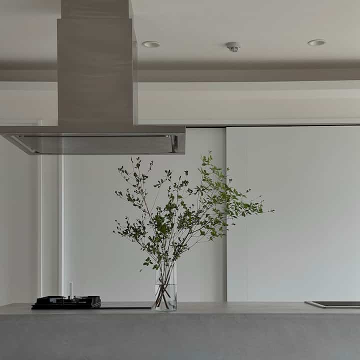 青々としたドウダンツツジが無機質なキッチンによく映える🌿
IKEAのガラス花瓶はどんな枝物にも合うからお気に入り。
#キッチン飾り 
#アイランドキッチン