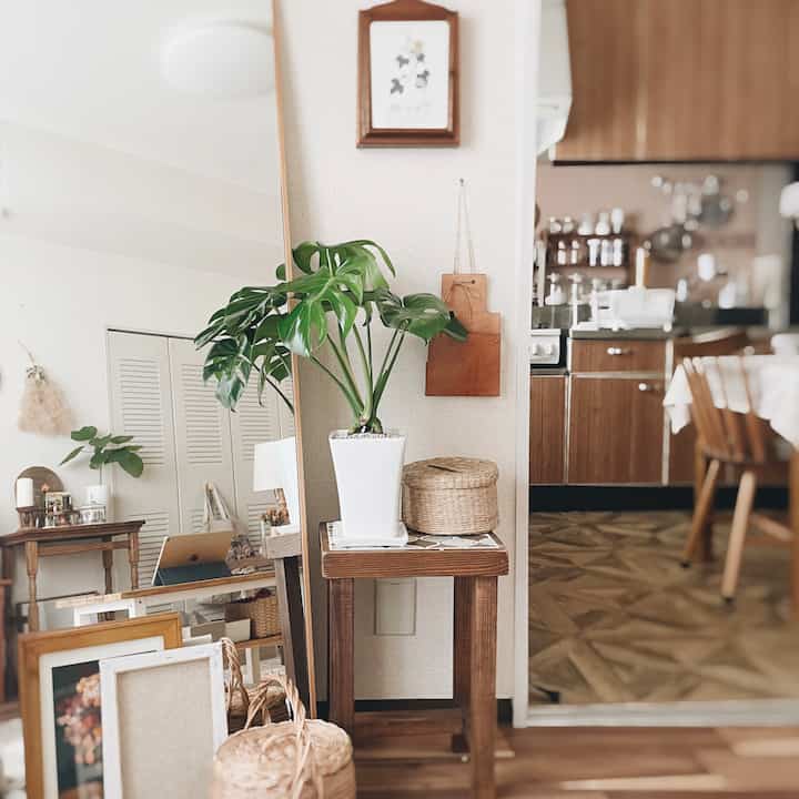 明るい白い壁と茶色の木製家具が調和するダイニングとキッチンの空間、中央に観葉植物が置かれた木製スツールが印象的なインテリア