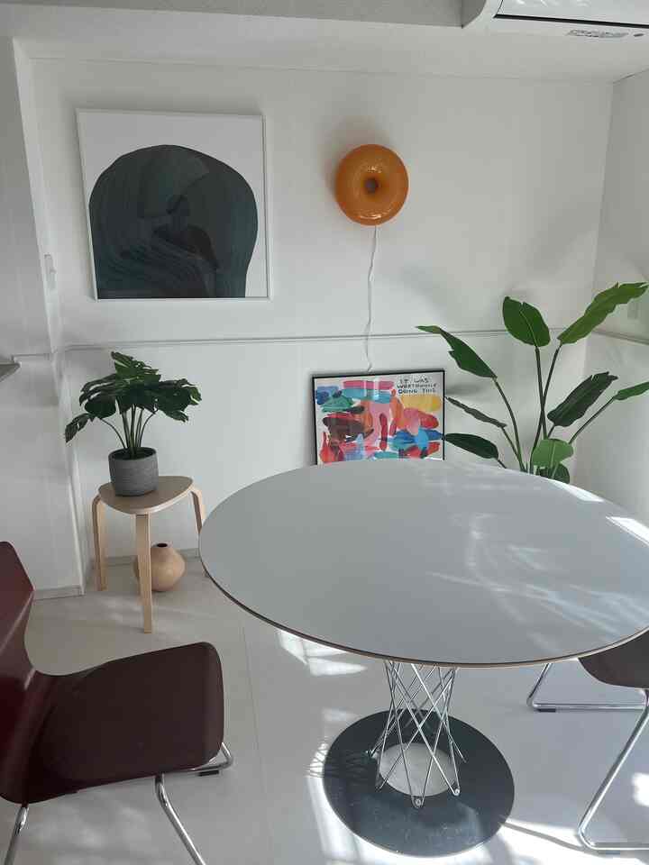 Bright natural color dining room featuring a round white table, dark brown chairs, and green plants creating a fresh atmosphere