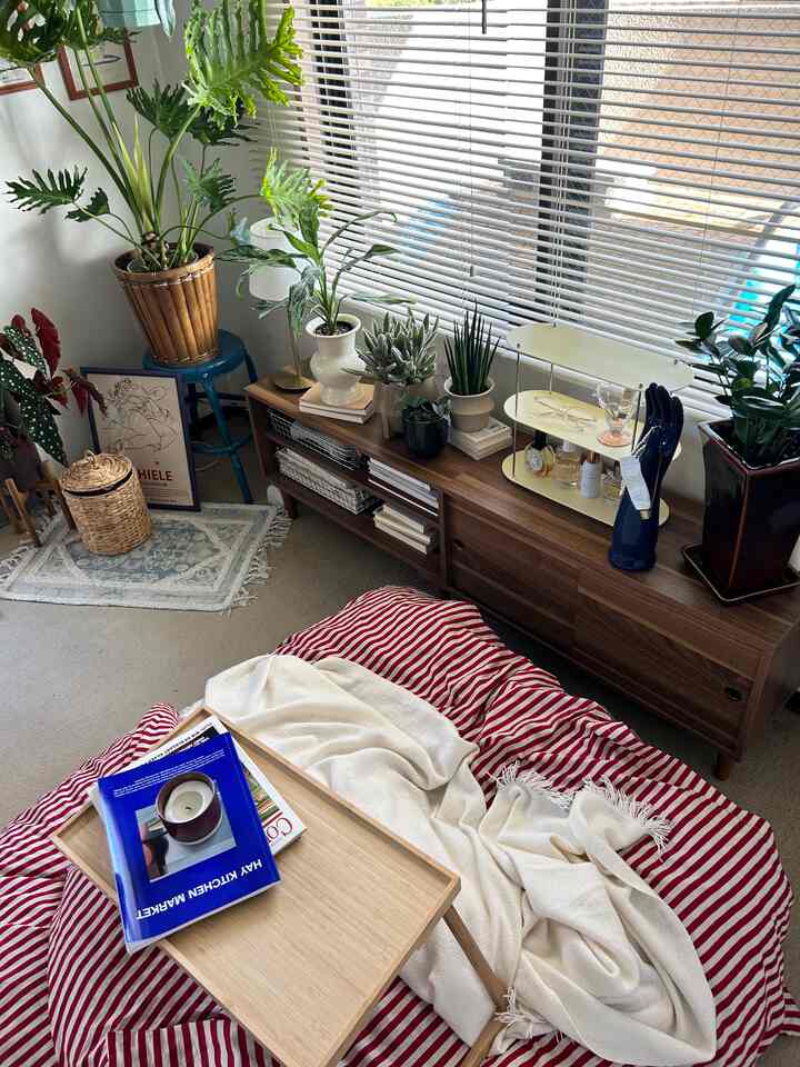 Natural wood tone 1K living room featuring red striped bedding, plants, and tray, creating a cozy atmosphere