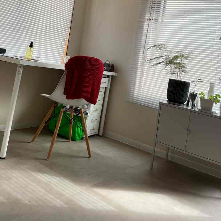 Bright white-toned compact home office featuring a white desk and chair with red blanket, clean interior with plants on shelf