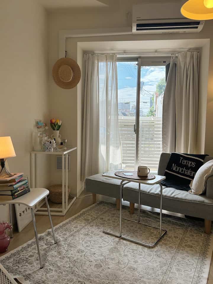 A white and gray toned studio living room featuring modern natural furniture arrangement with cozy atmosphere
