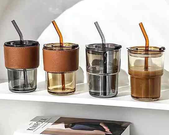 Tumbler Kaca 460ml dengan Sedotan dan Tutup Gelas