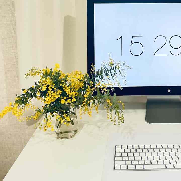 白を基調としたワンルームのデスクに、黄色いミモザの花が入った透明な花瓶とモニターが配置されたシンプルなインテリア