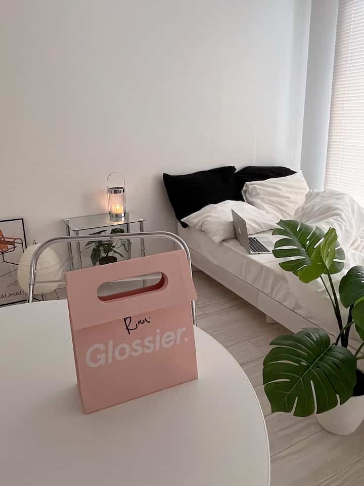 White and black toned living room featuring tidy duvet cover, dining table, and plant creating a modern natural ambiance
