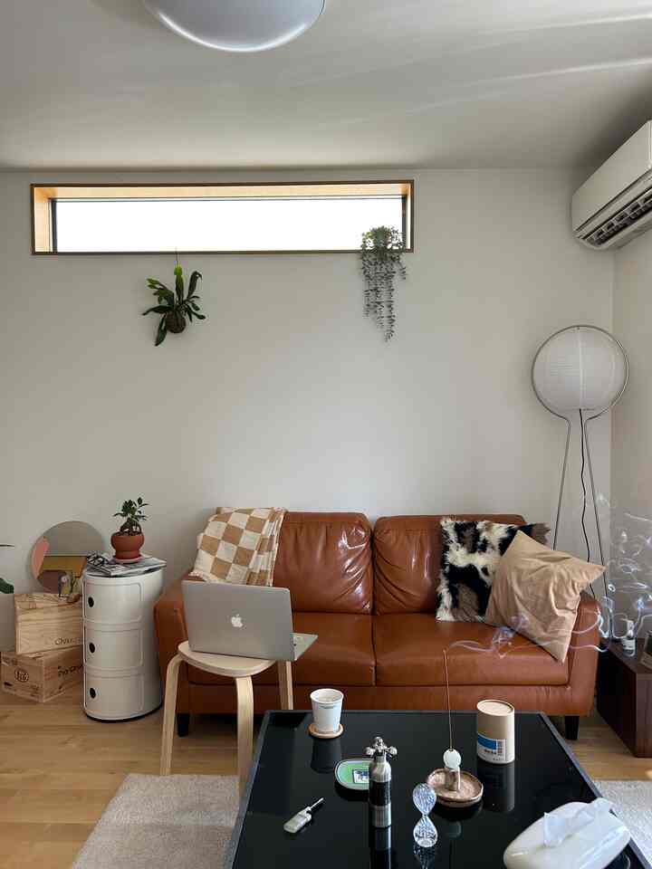 ナチュラルカラーの1LDKリビング、ブラウンレザーソファとフロアランプ、植物が配置された雰囲気のあるインテリア