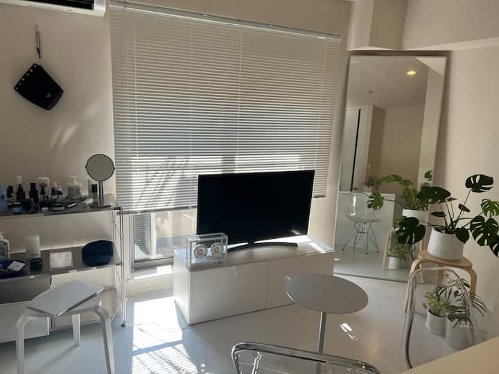 ホワイトトーンのリビング、ブラインドと大型の鏡が配置され、透明な椅子と植物が調和したシンプルでモダンなインテリア