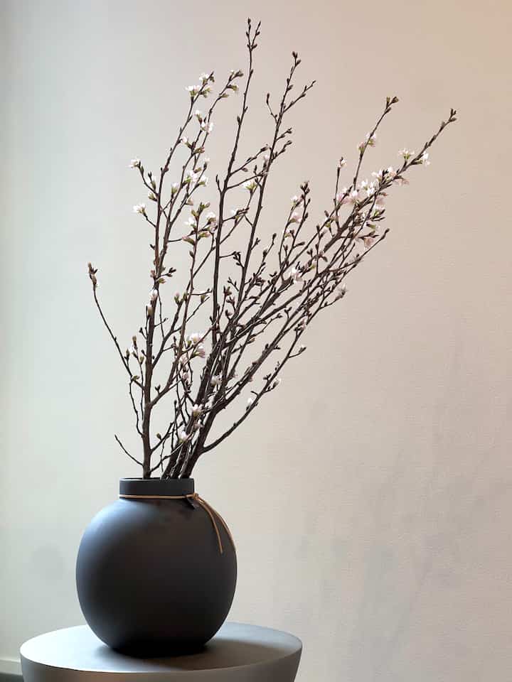 白い壁を背景に、ダークグレーの丸い花瓶に淡く咲く桜の枝が飾られたシンプルでナチュラルなインテリア
