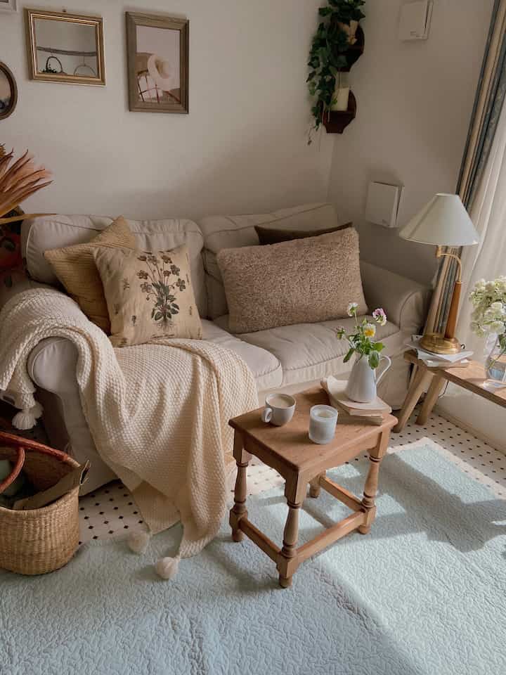 ナチュラルなベージュ色調のリビング、クリーム色のソファと木目調のテーブルが配置された落ち着いた雰囲気のインテリア