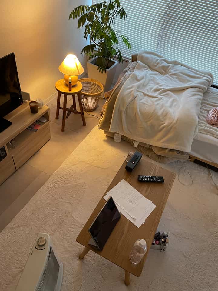 White and brown toned bedroom featuring a bed, table lamp, and rug in a slightly cluttered cozy room