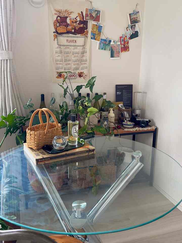 A bright living room with white walls and curtains, featuring a glass table center, a low shelf on the left adorned with plants and baskets, creating a natural and cozy atmosphere