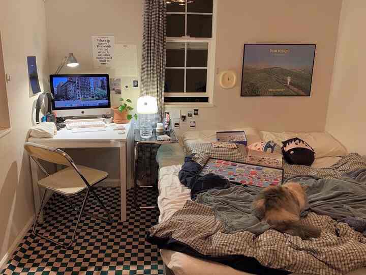 White and beige tone bedroom featuring a compact layout with desk and bed; a cat sits on the bed in the cozy space