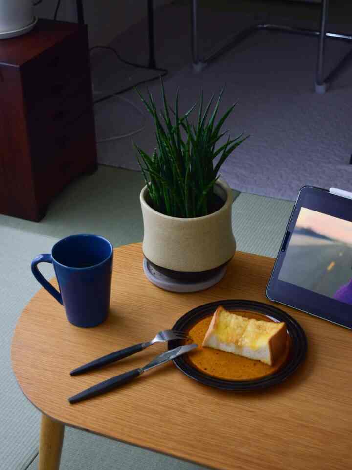 ナチュラルトーンのキッチンテーブルに植物と青いマグカップ、カトラリーとフレンチトーストが置かれた雰囲気のある空間